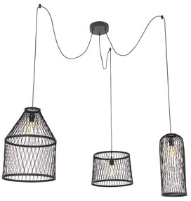 Landelijke buiten hanglamp zwart rotan 3-lichts - Calamus