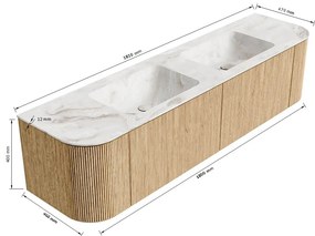 Mondiaz Kurve-dlux 180cm badmeubel ronding links/rechts walnut met 2 lades en deuren en wastafel leaf dubbel zonder kraangat glace