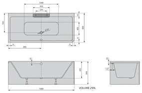 Polysan Monolith Cascata links half vrijstaand bad met zwarte waterval uitloop 180x80cm