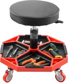 VEVOR Werkplaatskruk met wielen (draagvermogen 136 kg) Werkstoel met garagezitting, in hoogte verstelbaar (420-550 mm), rollende zitting met gereedschapsopslag voor garage, werkplaats, autoreparatie, zwart + rood