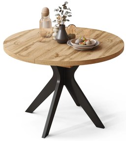 RENZO Wotan Eiken/zwarte poot - RONDE TAFEL Ø110 UITKLAPBAAR TOT 180 cm | VOOR DE KEUKEN EETKAMER WOONKAMER RETRO
