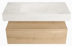 Mondiaz Alan DLux badmeubel 100cm washed oak 1 lade met wastafel ostra midden 1 kraangat