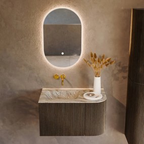 Mondiaz Kurve-dlux 75cm badmeubel ronding rechts shadow met 1 lade en deur en wastafel grunne links zonder kraangat glace
