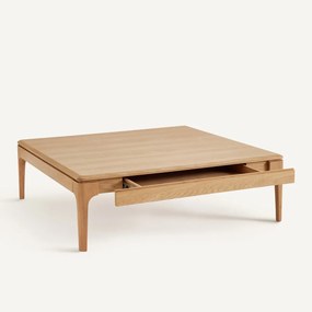 Vierkante salontafel in massief eiken en fineer, 2 lades, SANARA