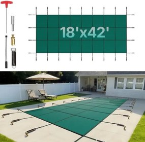 VEVOR Inbouw Zwembadafdekking 5,47x12,7 m PP Rechthoekige Afdekking Buitenzwembad tegen Puin Sneeuw Solar Zwembad Beschermer Strakke Mesh Aardbout Messing voor Zwembaden 4,87x12,2 m Tuin Huis Groen