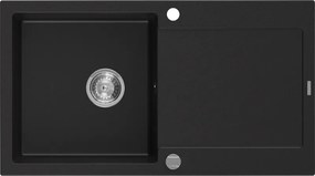 Mexen Leo granitstenen spoelbak met 1 bak en afdruiprek 900 x 500 mm, zwart, chromen sifon - 6501901010-77