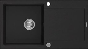 Mexen Leo granitstenen spoelbak met 1 bak en afdruiprek 900 x 500 mm, zwart, chromen sifon - 6501901010-77