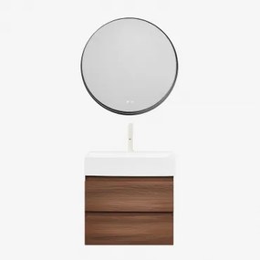Badkamermeubelset Van Hout En Essenhoutfineer Met Geïntegreerde Wastafel Ona Donker Hout & Round Led And Antifog Zwart Ø80 Cm - Sklum