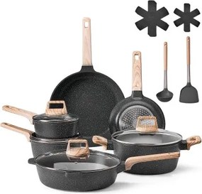 VEVOR Inductiepannenset (17 stuks) met glazen deksels, antiaanbak kookgerei, inductiekookpannen voor de camperkeuken om te frituren, sauzen te kruiden en te koken (zwart)