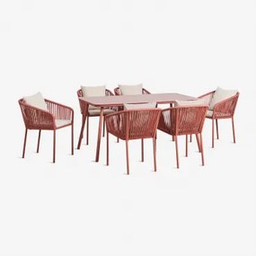 Rechthoekige Eettafelset 160x90 Cm Met 6 Eetkamerstoelen Van Gevlochten Touw Arhiza Classic Terracota - Sklum