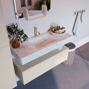 Mondiaz Alan DLux badmeubel 110cm linen 1 lade met wastafel opalo midden 1 kraangat
