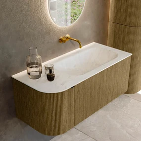 Mondiaz Kurve-dlux 105cm badmeubel ronding links dusk met 1 lade en deur en wastafel big small rechts zonder kraangat opalo