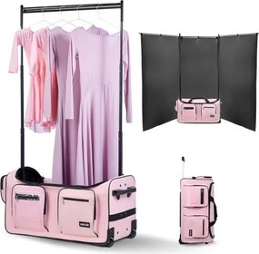 VEVOR Danstas met kledingrek, 736,6 mm, rolkoffer met wielen, USB-poort, in hoogte verstelbare kledingstang en privacygordijn, ideaal voor reizen en wedstrijden, roze