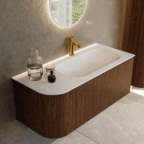 Mondiaz Kurve 105cm badmeubel ronding links walnut met 1 lade en deur en wastafel big small kraangat rechts