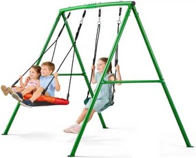 VEVOR tuinschommel met A-vormig metalen onderstel, dubbele schommel (1 schotelschommel & 1 bandenschommel), draagvermogen tot 199,6 kg, buitenschommelset, verstevigd met spiraalvormige grondankers.