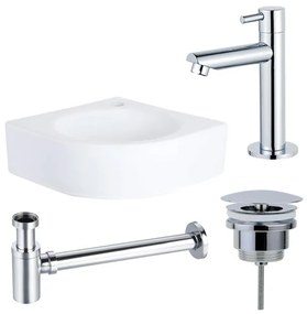 QeramiQ Fuente fonteinset - 30x30x10cm - 1 kraangat - hoek - keramiek - fonteinkraan chroom - glans wit SW696234/SW696209/SW696219/SW679885