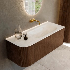 Mondiaz Kurve-dlux 115cm badmeubel ronding links walnut met 1 lade en deur en wastafel big small rechts zonder kraangat ostra