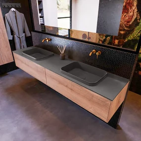 Mondiaz Erin 200cm badmeubel Washed Oak met 2 lades en donkergrijze wastafel dubbel zonder kraangaten