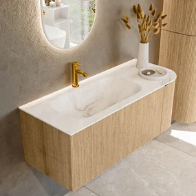 Mondiaz Kurve-dlux 115cm badmeubel ronding rechts oak met 1 lade en deur en wastafel big small kraangat links frappe