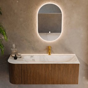Mondiaz Kurve-dlux 125cm badmeubel ronding links dusk met 1 lade en deur en wastafel big medium kraangat rechts opalo