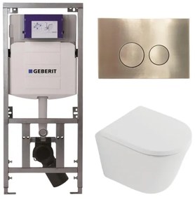 QeramiQ Dely Toiletset - 36.3x51.7cm - diepspoel - rimless - Geberit UP320 inbouwreservoir - softclose toilet zitting 35 mm - geborsteld messing bedieningsplaat - ronde knoppen - mat wit SW1026254/SW1000767/0701131/SW706200