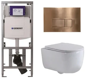 QeramiQ Dely Swirl Toiletset - 36.3x51.7cm - Geberit UP320 Burda inbouwreservoir - slim zitting - koperen bedieningsplaat - rechthoekige knoppen - wit glans 0701131/SW706197/SW1000766/SW1026256