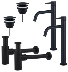 Fortifura Calvi Slim Wastafelkraanset - voor dubbele wastafel - verhoogde wastafelkraan - always open plug - design sifon - Mat zwart 2x SW377836/2x SW696205/2x SW696210