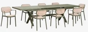 Uitschuifbare Rechthoekige Tafelset 240-300x100 Cm Karena En 8 Stapelbare Tuinstoelen Met Armleuningen Omara Groen – Intens Olijf - Sklum