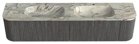 Mondiaz Kurve-dlux 200cm badmeubel ronding links/rechts shadow met 2 lades en deuren en wastafel stor small dubbel 2 kraangaten glace