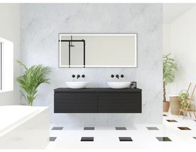 HR badmeubelen Matrix 3D badkamermeubelset 160cm 2 laden greeploos met greeplijst in kleur Zwart mat met bovenblad zwart mat SW757475 / SW232693