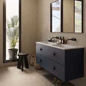 Muebles Avila badmeubel ribbelfront 120cm marine blauw met dubbele wastafel zonder kraangaten