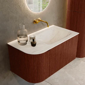 Mondiaz Kurve-dlux 85cm badmeubel ronding links ruby met 1 lade en deur en wastafel cloud rechts zonder kraangat ostra