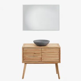 Badkamermeubelset 90x45 Cm In Hout Deleyna Natuurlijk Hout & Rond Grijs Cement Ø40 Cm Tarsis & Rechthoekige Led En Anticondens 100x70 Cm Riben & Zonde