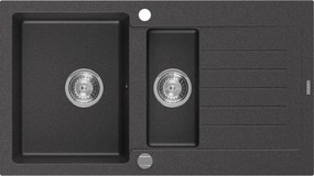 Mexen Matias granieten spoelbak 1,5-komor met afdruiprek 900 x 505 mm, zwart gespikkeld, chromen sifon - 6502901505-76