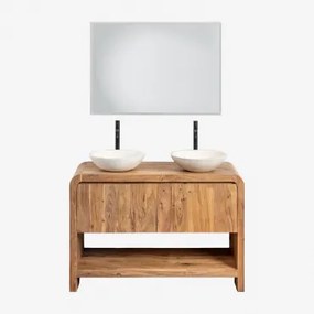 Vacry Houten Badkamermeubelset Acacia Bruin & 2 X Rond Wit Cement Ø40 Cm Zavion & Rechthoekige Led En Anticondens 100x70 Cm Riben & 2 X - Sklum