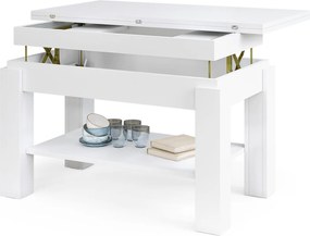 BRAVO wit – uitschuifbare en in hoogte verstelbare salontafel, tafel met plank