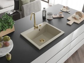 Mexen Elix granieten spoelbak 1-komers 600 x 500 mm, beige, gouden sifon - 6525601005-69-G