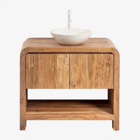 Vacry Houten Badkamermeubelset Acacia Bruin & Rond Cement Wit Ø40 Cm Zavion & Spiegelloze & Wit ↑30 Cm Met Aftapkraan Zonder - Sklum