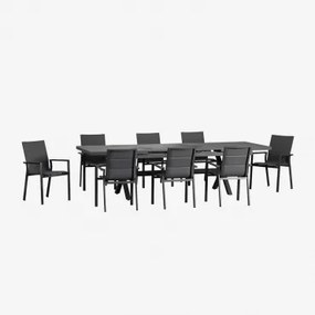 Rechthoekige Uitschuifbare Tafelset 240-300x100 Cm En 8 Stapelbare Tuinstoelen Met Armleuningen Van Aluminium Karena Grijs – Grafiet - Sklum