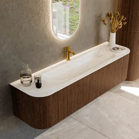 Mondiaz Kurve-dlux 170cm badmeubel ronding links/rechts walnut met 1 lade en 2 deuren en wastafel big large midden 1 kraangat ostra