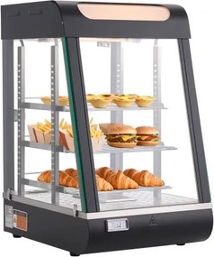 VEVOR 3-laags verwarmde vitrine 57 liter, 800 W, verwarmde vitrine 30–85 °C, voedselwarmer met LED-verlichting en verstelbare schappen, vitrine voor hamburgers, pizza, brood, gebraden kip