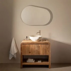 Vacry Houten Badkamermeubelset Acacia Bruin & Ovaal Led En Anticondens 100x80 Cm Riben & Geborsteld Goud ↑30 Cm Met Aftapkraan Zonder Overloop Orveta