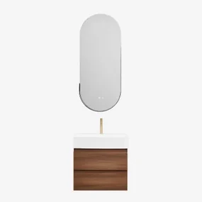 Badkamermeubelset Van Hout En Essenhoutfineer Met Geïntegreerde Wastafel Ona Donker Hout & Oval Led And Antifog Black 45x105 Cm - Sklum