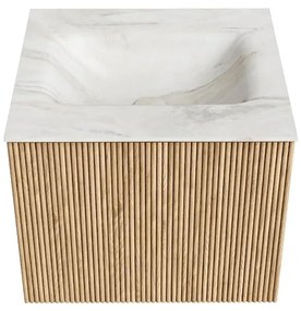 Mondiaz Kurve-dlux 50cm badmeubel oak met 1 lade en wastafel grunne midden 1 kraangat ostra