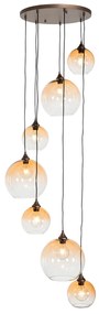 Art Deco hanglamp donkerbrons met amber glas 7-lichts - Sandra