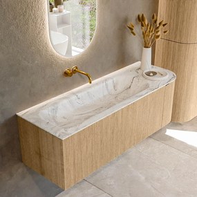 Mondiaz Kurve-dlux 135cm badmeubel ronding rechts oak met 1 lade en deur en wastafel big medium links zonder kraangat glace