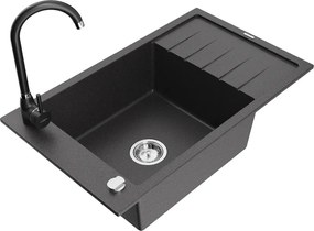 Mexen Elias granieten spoelbak 1-comapati met afdruiprek en keukenmengkraan Telma, zwart gespikkeld - 6511-76-670200-70