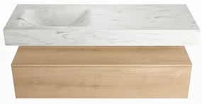 Mondiaz Alan DLux badmeubel 130cm washed oak 1 lade met wastafel opalo links 1 kraangat