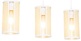 Oosterse hanglamp wit met rotan 3-lichts langwerpig - Akira