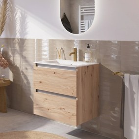 Saqu Gaia badmeubel incl. keramische wastafel 60x46x61cm naturel eiken – aluminium greeplijst